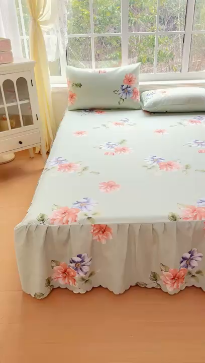 91家纺网 家纺一手货源 找家纺 莎臣豹 2026新款植物羊绒单品单件单床裙可配床裙三件套诗情画意绿