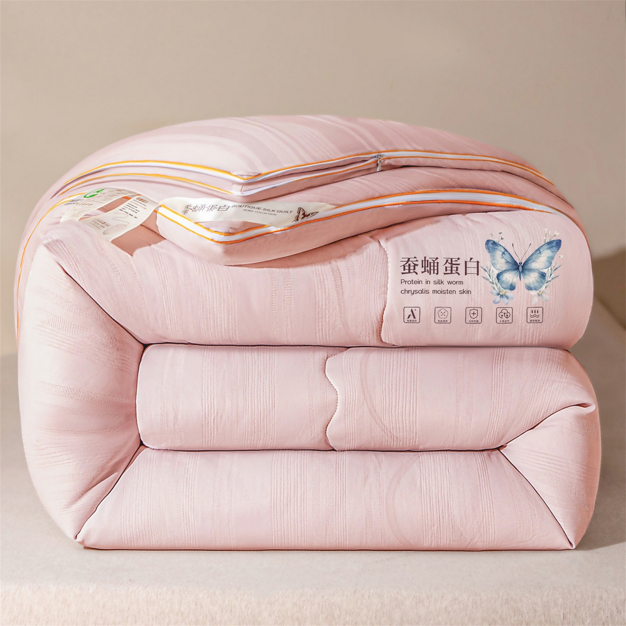 91家纺网 家纺一手货源 找家纺 小禹仔家纺 2026新款全棉提花拉链款蚕蛹蛋白子母被冬被春秋被夏被被子被芯加厚棉被-缎条系列 缎条-豆沙