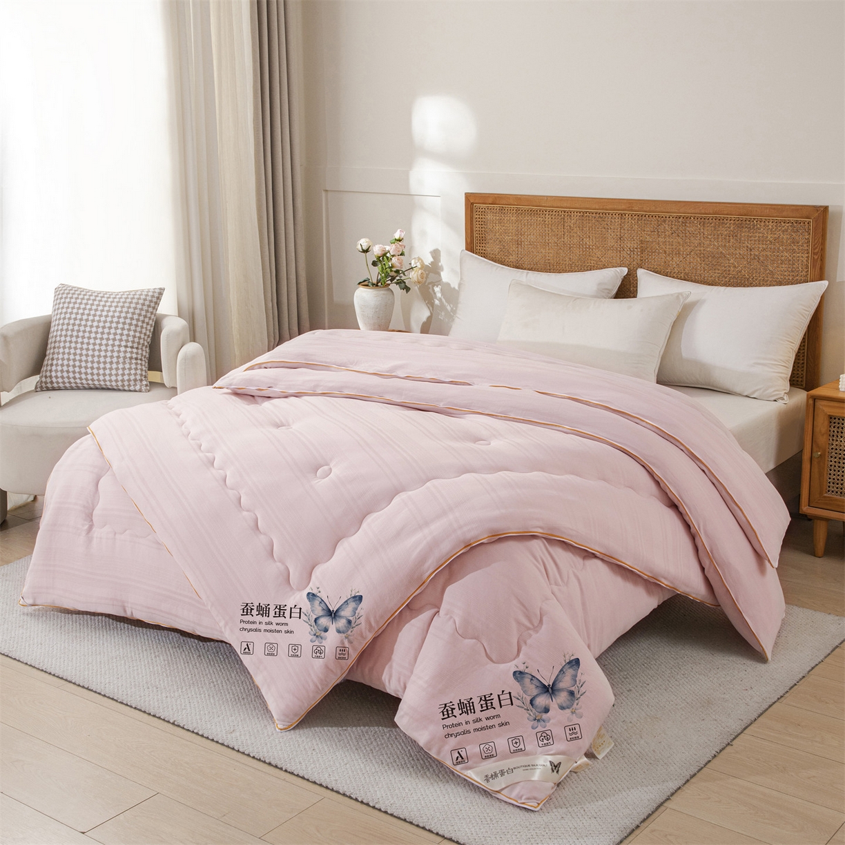 91家纺网 家纺一手货源 找家纺 小禹仔家纺 2026新款全棉提花拉链款蚕蛹蛋白子母被冬被春秋被夏被被子被芯加厚棉被-缎条系列 缎条-豆沙