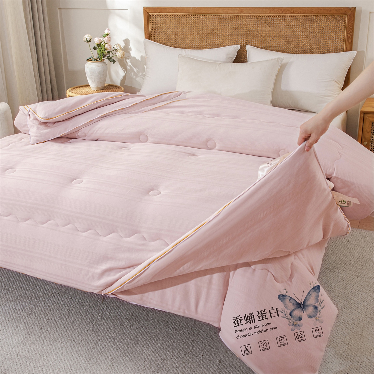 91家纺网 家纺一手货源 找家纺 小禹仔家纺 2026新款全棉提花拉链款蚕蛹蛋白子母被冬被春秋被夏被被子被芯加厚棉被-缎条系列 缎条-豆沙