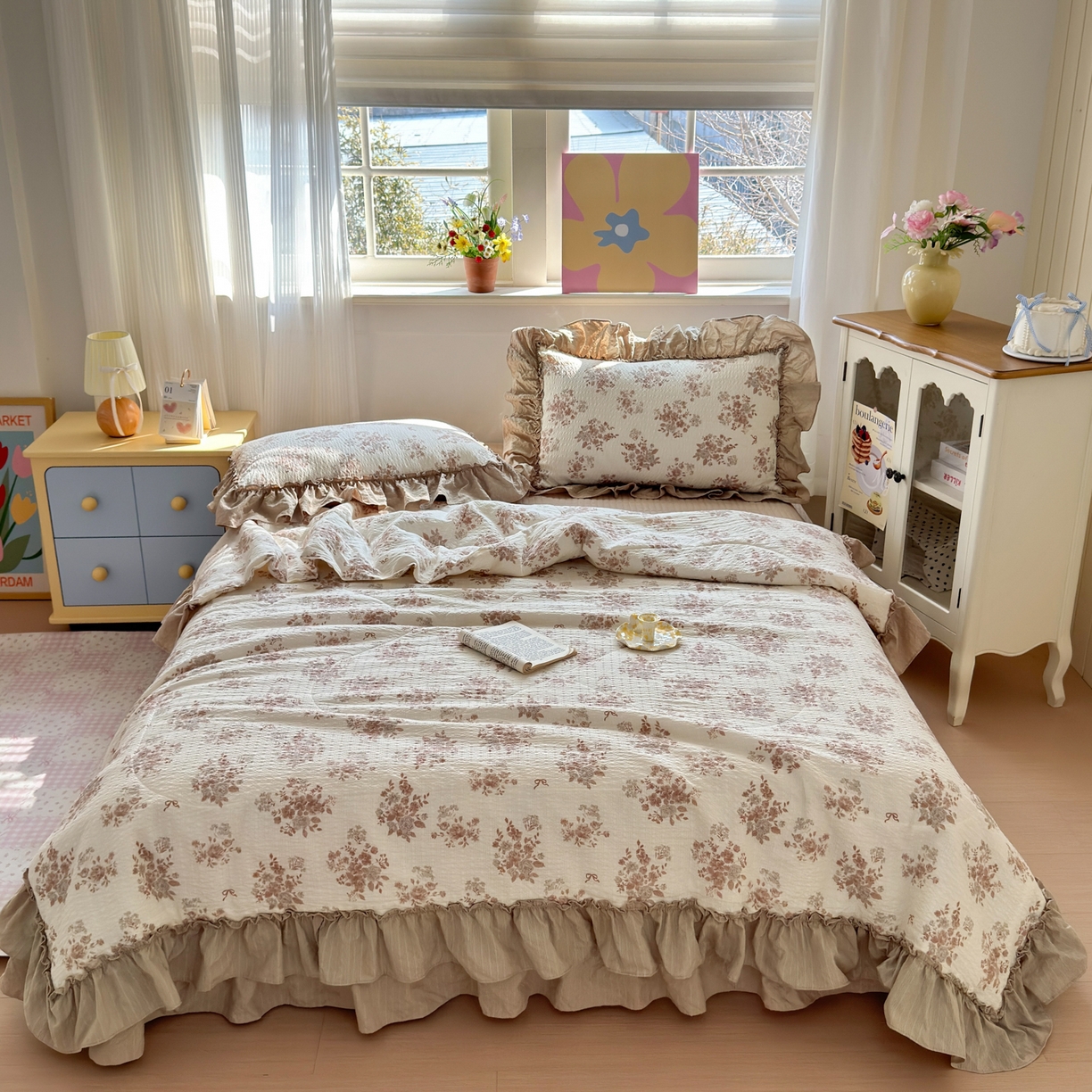 91家纺网 家纺一手货源 找家纺 禾沐 2026新款云感泡芙棉床盖夏被四件套AA款（夏被款） 小苍兰