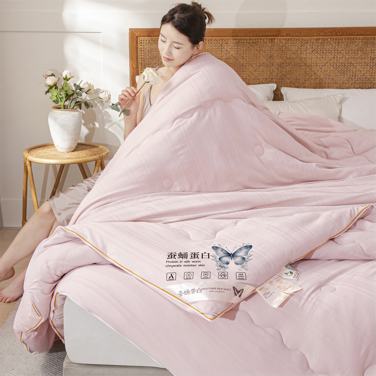 91家纺网 家纺一手货源 找家纺 小禹仔家纺 2026新款全棉提花拉链款蚕蛹蛋白子母被冬被春秋被夏被被子被芯加厚棉被-缎条系列 缎条-豆沙