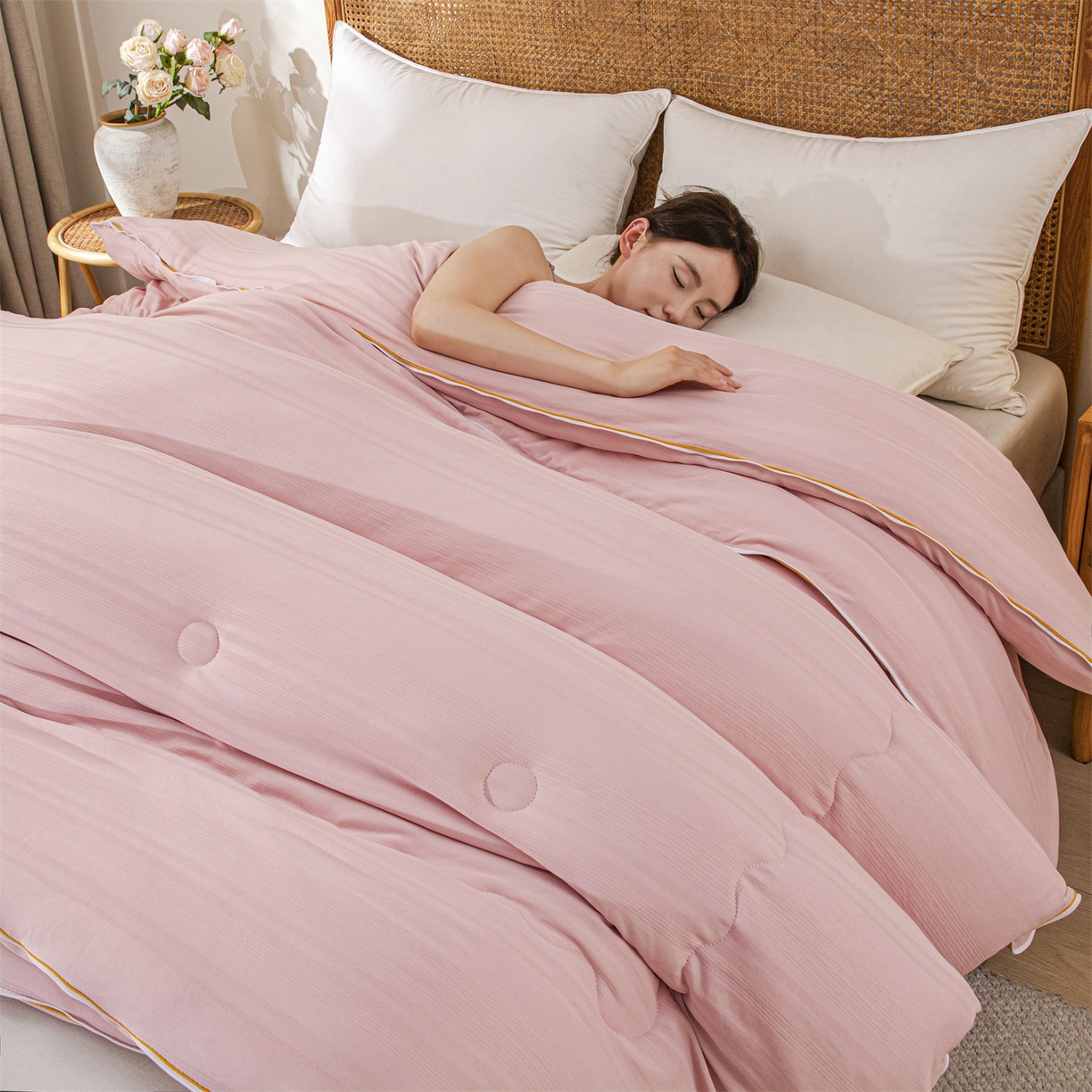 91家纺网 家纺一手货源 找家纺 小禹仔家纺 2026新款全棉提花拉链款蚕蛹蛋白子母被冬被春秋被夏被被子被芯加厚棉被-缎条系列 缎条-豆沙