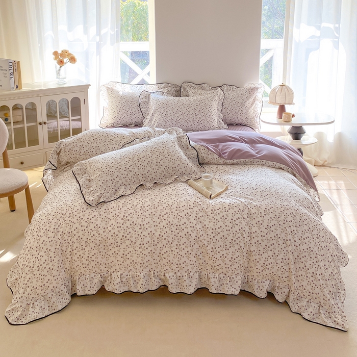 91家纺网 家纺一手货源 找家纺 仟网汇 2026新款A类赫本针织双层纱床盖四件套床盖夏被四件套 小紫花