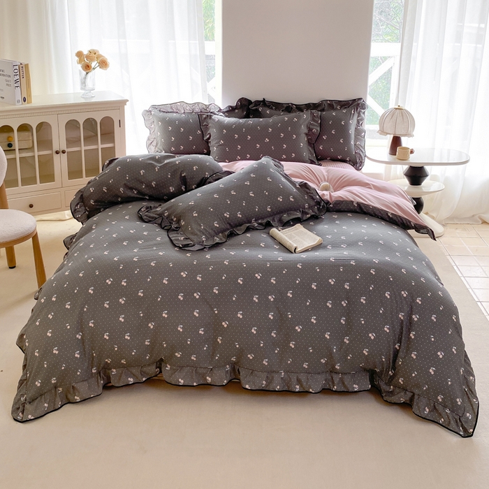 91家纺网 家纺一手货源 找家纺 仟网汇 2026新款A类赫本针织双层纱床盖四件套床盖夏被四件套 复古樱桃