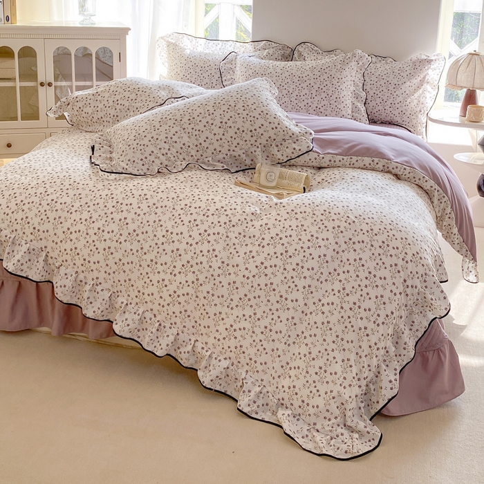 91家纺网 家纺一手货源 找家纺 仟网汇 2026新款A类赫本针织双层纱床盖四件套床盖夏被四件套 小紫花