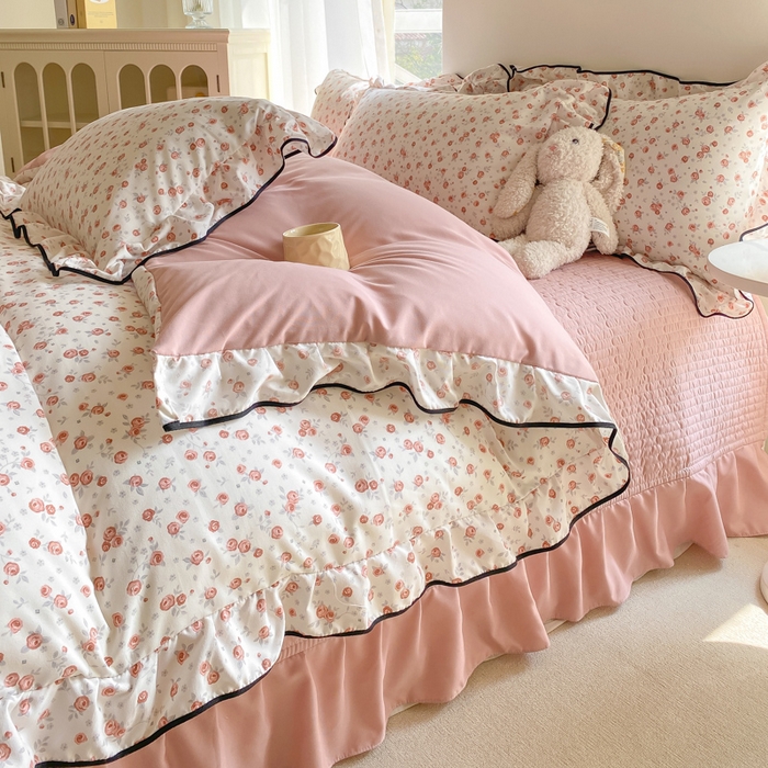 91家纺网 家纺一手货源 找家纺 仟网汇 2026新款A类赫本针织双层纱床盖四件套床盖夏被四件套 花季