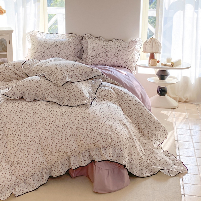 91家纺网 家纺一手货源 找家纺 仟网汇 2026新款A类赫本针织双层纱床盖四件套床盖夏被四件套 小紫花