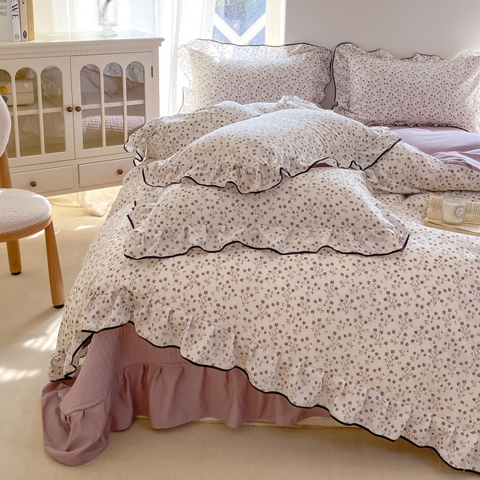 91家纺网 家纺一手货源 找家纺 仟网汇 2026新款A类赫本针织双层纱床盖四件套床盖夏被四件套 小紫花