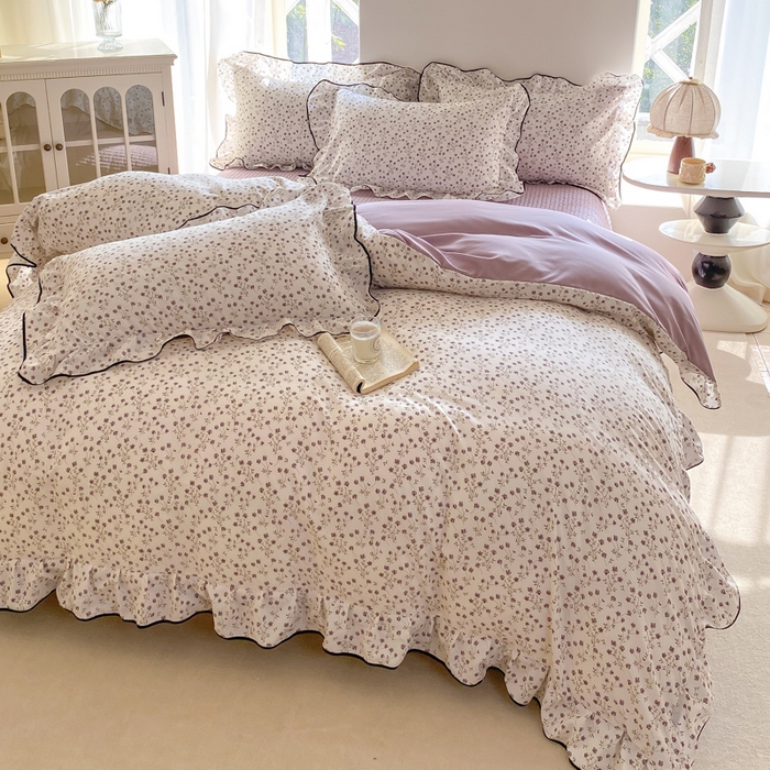 91家纺网 家纺一手货源 找家纺 仟网汇 2026新款A类赫本针织双层纱床盖四件套床盖夏被四件套 小紫花