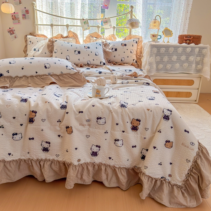 91家纺网 家纺一手货源 找家纺 梵希雅 2026新款泡芙纱床盖夏被四件套 奥利奥小猫