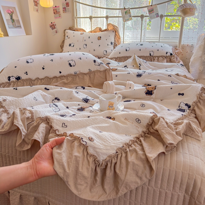 91家纺网 家纺一手货源 找家纺 梵希雅 2026新款泡芙纱床盖夏被四件套 奥利奥小猫