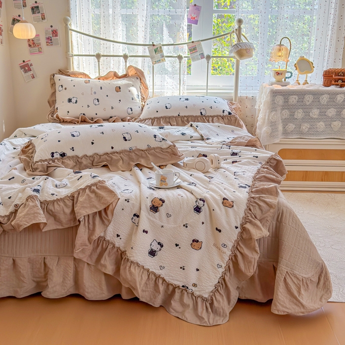 91家纺网 家纺一手货源 找家纺 梵希雅 2026新款泡芙纱床盖夏被四件套 奥利奥小猫