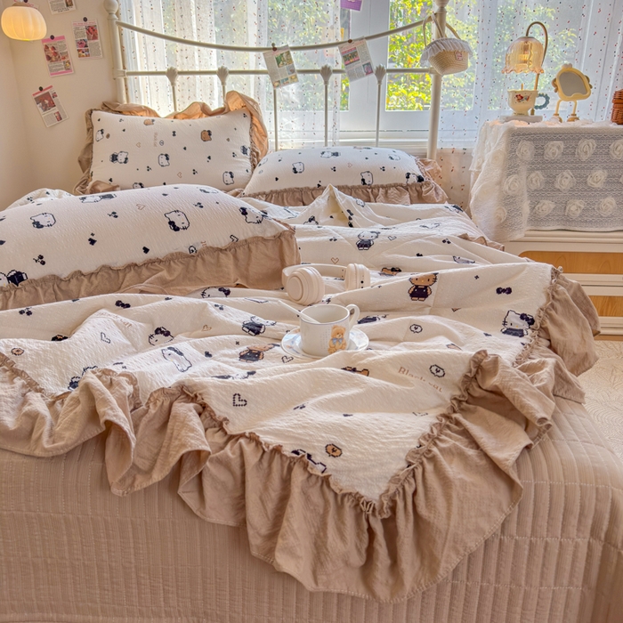 91家纺网 家纺一手货源 找家纺 梵希雅 2026新款泡芙纱床盖夏被四件套 奥利奥小猫