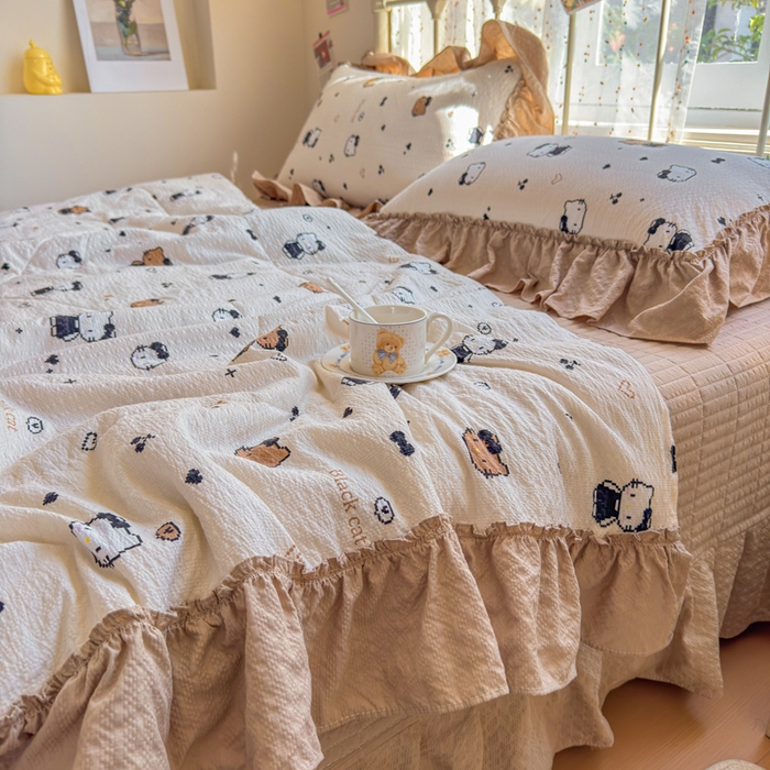 91家纺网 家纺一手货源 找家纺 梵希雅 2026新款泡芙纱床盖夏被四件套 奥利奥小猫