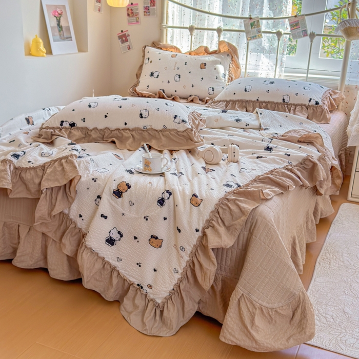 91家纺网 家纺一手货源 找家纺 梵希雅 2026新款泡芙纱床盖夏被四件套 奥利奥小猫