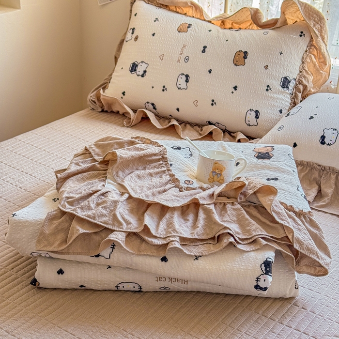 91家纺网 家纺一手货源 找家纺 梵希雅 2026新款泡芙纱床盖夏被四件套 奥利奥小猫