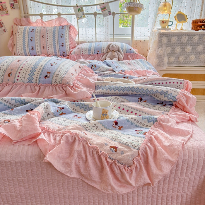 91家纺网 家纺一手货源 找家纺 梵希雅 2026新款泡芙纱床盖夏被四件套 费尔岛小狗