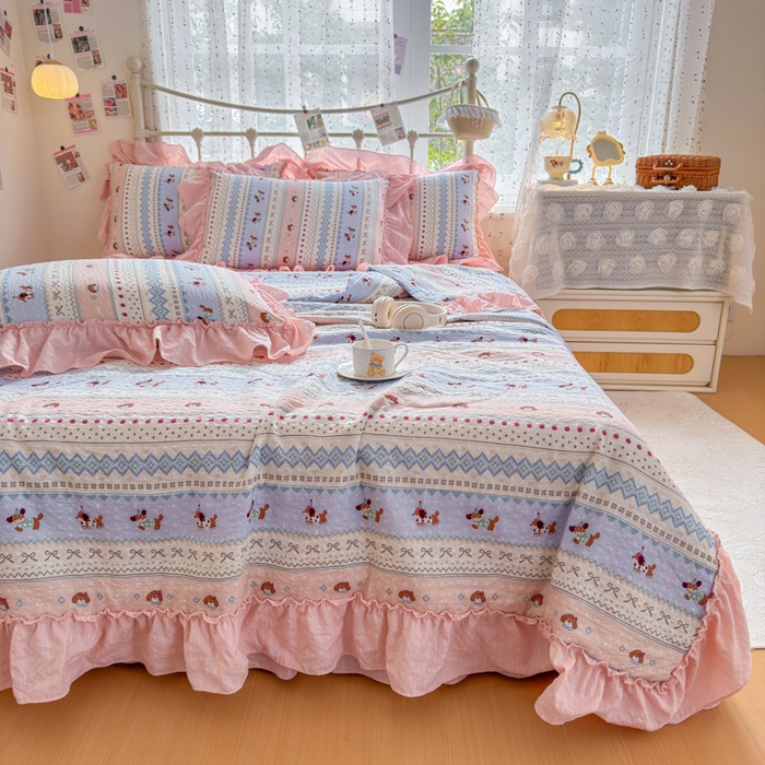 91家纺网 家纺一手货源 找家纺 梵希雅 2026新款泡芙纱床盖夏被四件套 费尔岛小狗