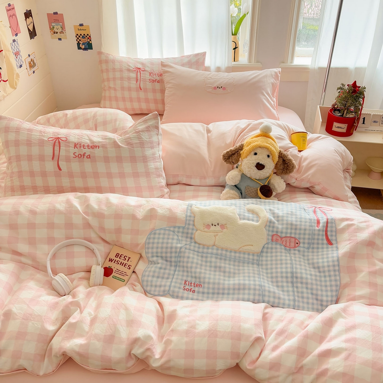我心家纺 2026新款卡通刺绣四件套 沙发猫-粉格