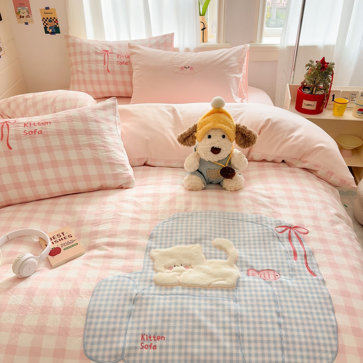 91家纺网 家纺一手货源 找家纺 我心家纺 2026新款卡通刺绣四件套 沙发猫-粉格