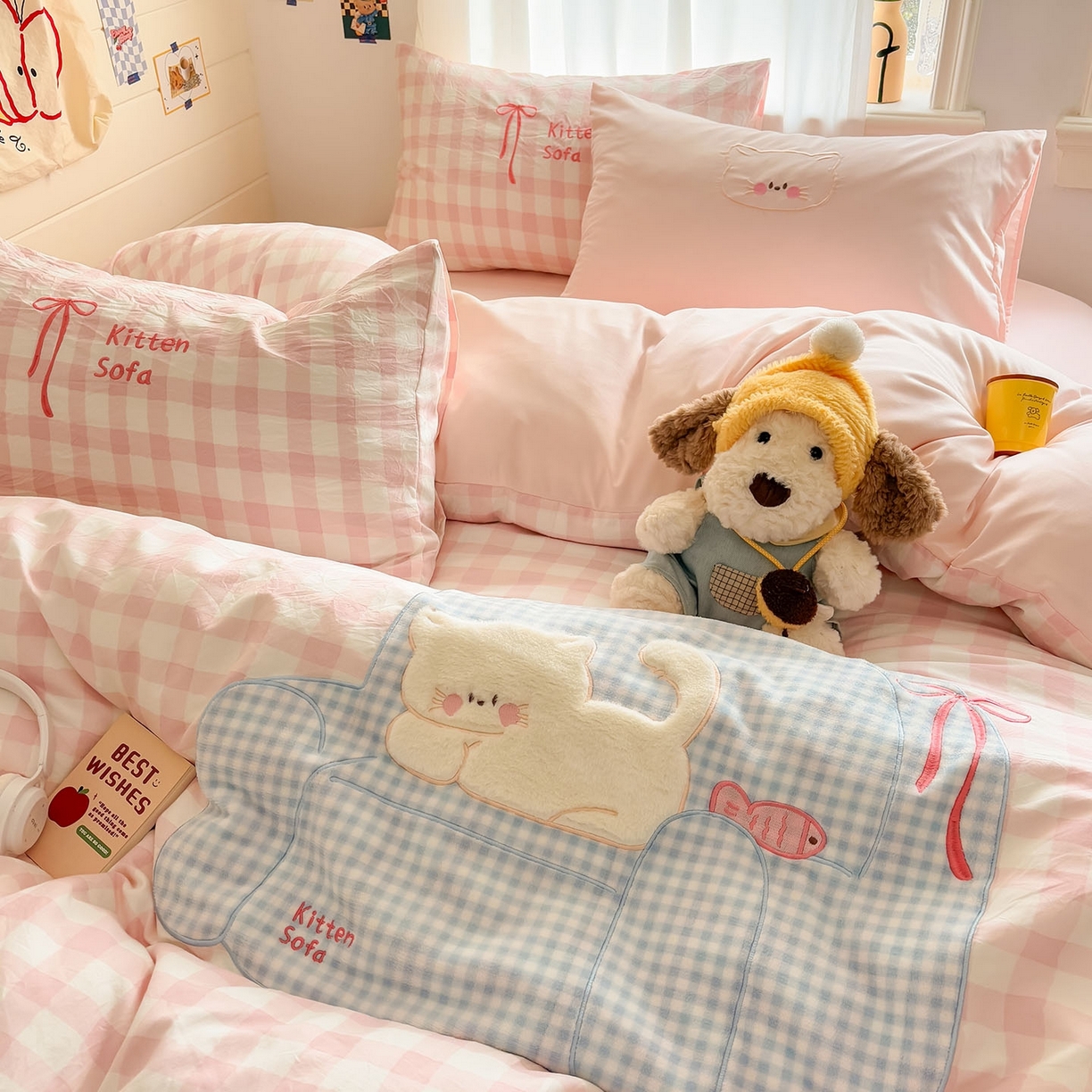 91家纺网 家纺一手货源 找家纺 我心家纺 2026新款卡通刺绣四件套 沙发猫-粉格