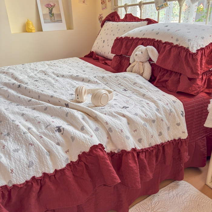 91家纺网 家纺一手货源 找家纺 梵希雅 2026新款泡芙纱床盖夏被四件套 灰蝴蝶结