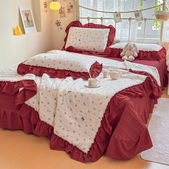 91家纺网 家纺一手货源 找家纺 梵希雅 2026新款泡芙纱床盖夏被四件套 灰蝴蝶结