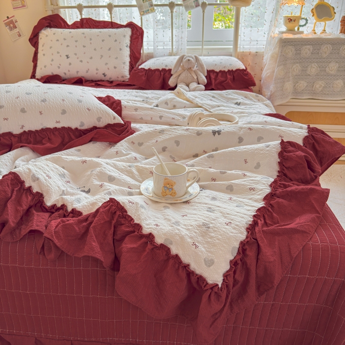 91家纺网 家纺一手货源 找家纺 梵希雅 2026新款泡芙纱床盖夏被四件套 灰蝴蝶结