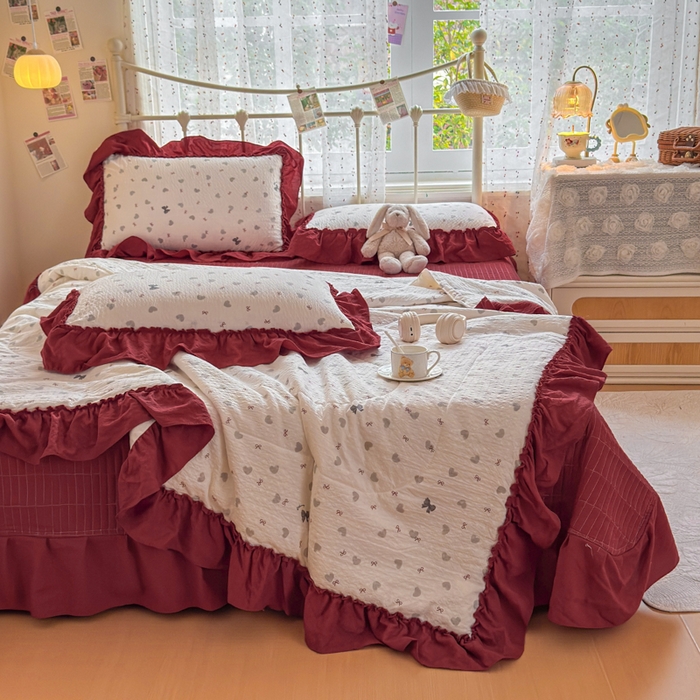 91家纺网 家纺一手货源 找家纺 梵希雅 2026新款泡芙纱床盖夏被四件套 灰蝴蝶结