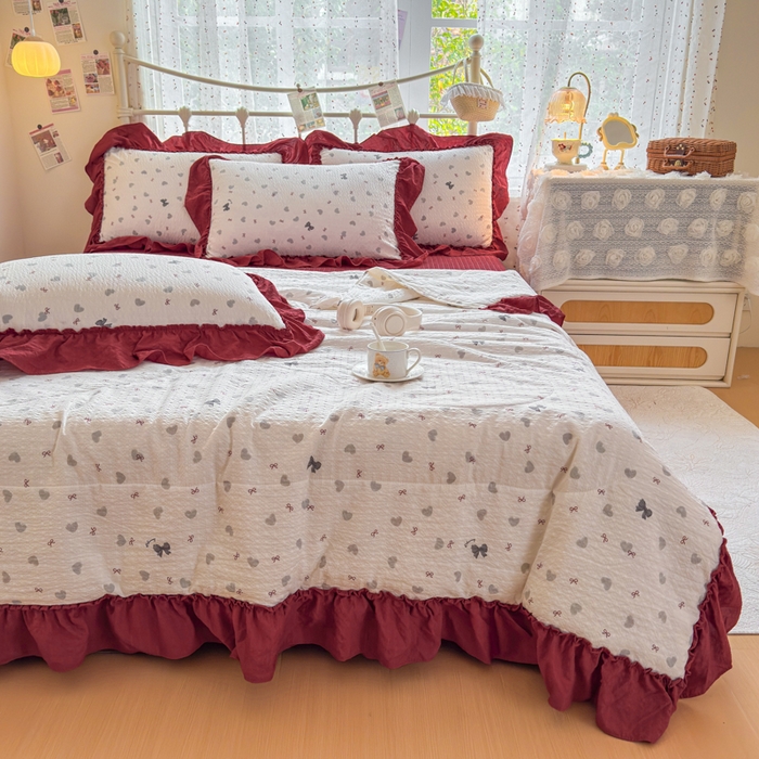 91家纺网 家纺一手货源 找家纺 梵希雅 2026新款泡芙纱床盖夏被四件套 灰蝴蝶结