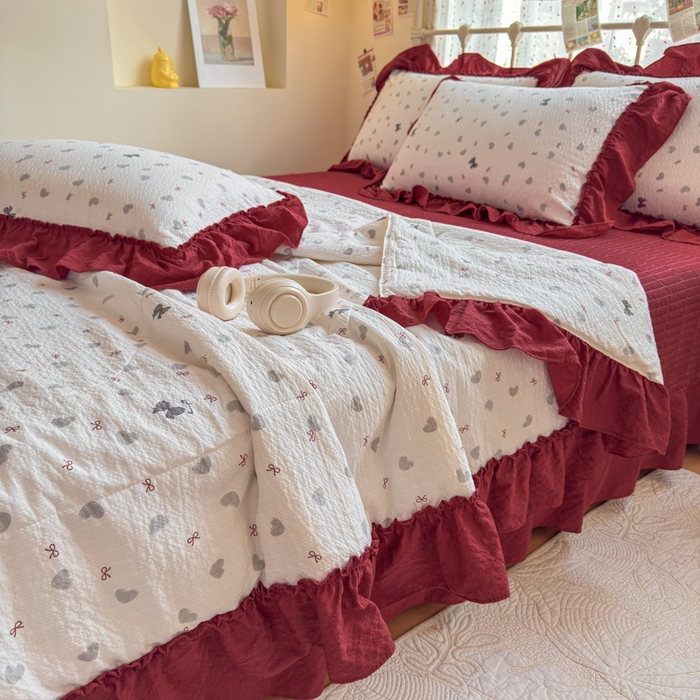 91家纺网 家纺一手货源 找家纺 梵希雅 2026新款泡芙纱床盖夏被四件套 灰蝴蝶结