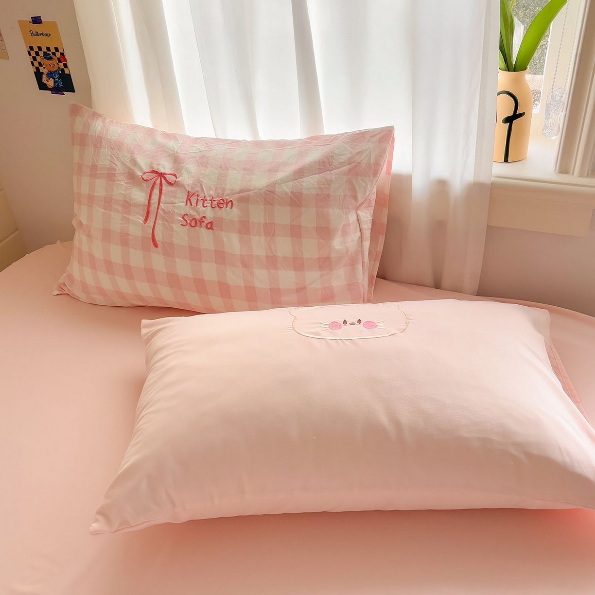 91家纺网 家纺一手货源 找家纺 我心家纺 2026新款卡通刺绣四件套 沙发猫-粉格