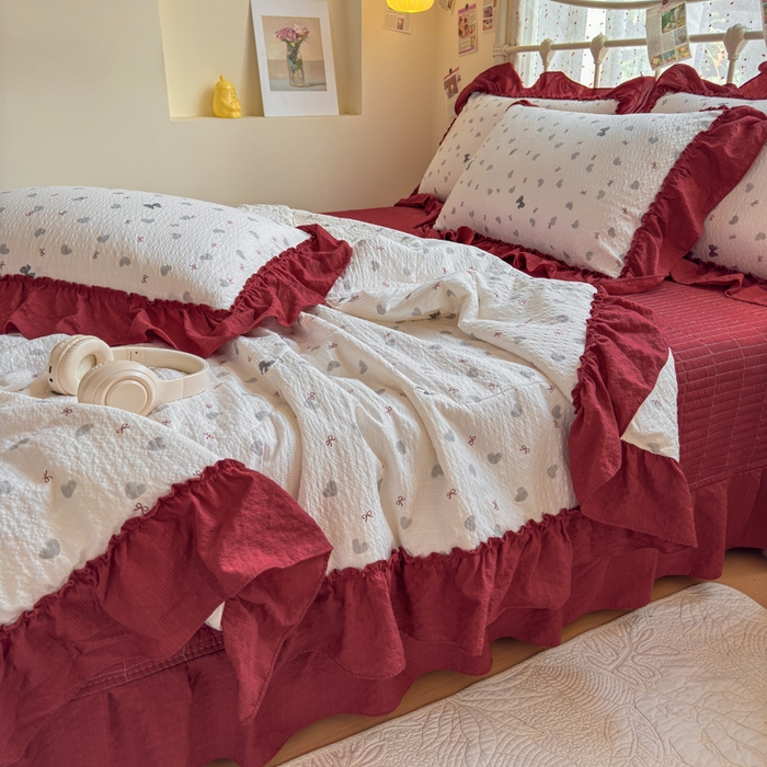 91家纺网 家纺一手货源 找家纺 梵希雅 2026新款泡芙纱床盖夏被四件套 灰蝴蝶结