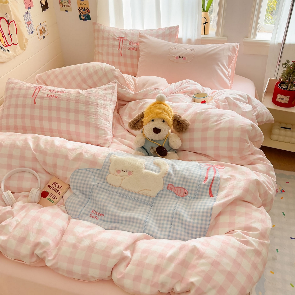 91家纺网 家纺一手货源 找家纺 我心家纺 2026新款卡通刺绣四件套 沙发猫-粉格