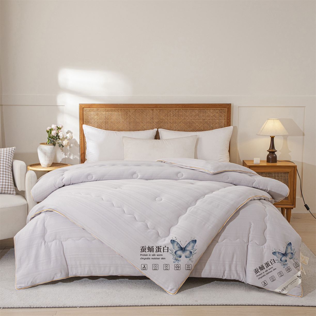 91家纺网 家纺一手货源 找家纺 小禹仔家纺 2026新款全棉提花拉链款蚕蛹蛋白子母被冬被春秋被夏被被子被芯加厚棉被-缎条系列 缎条-高级灰