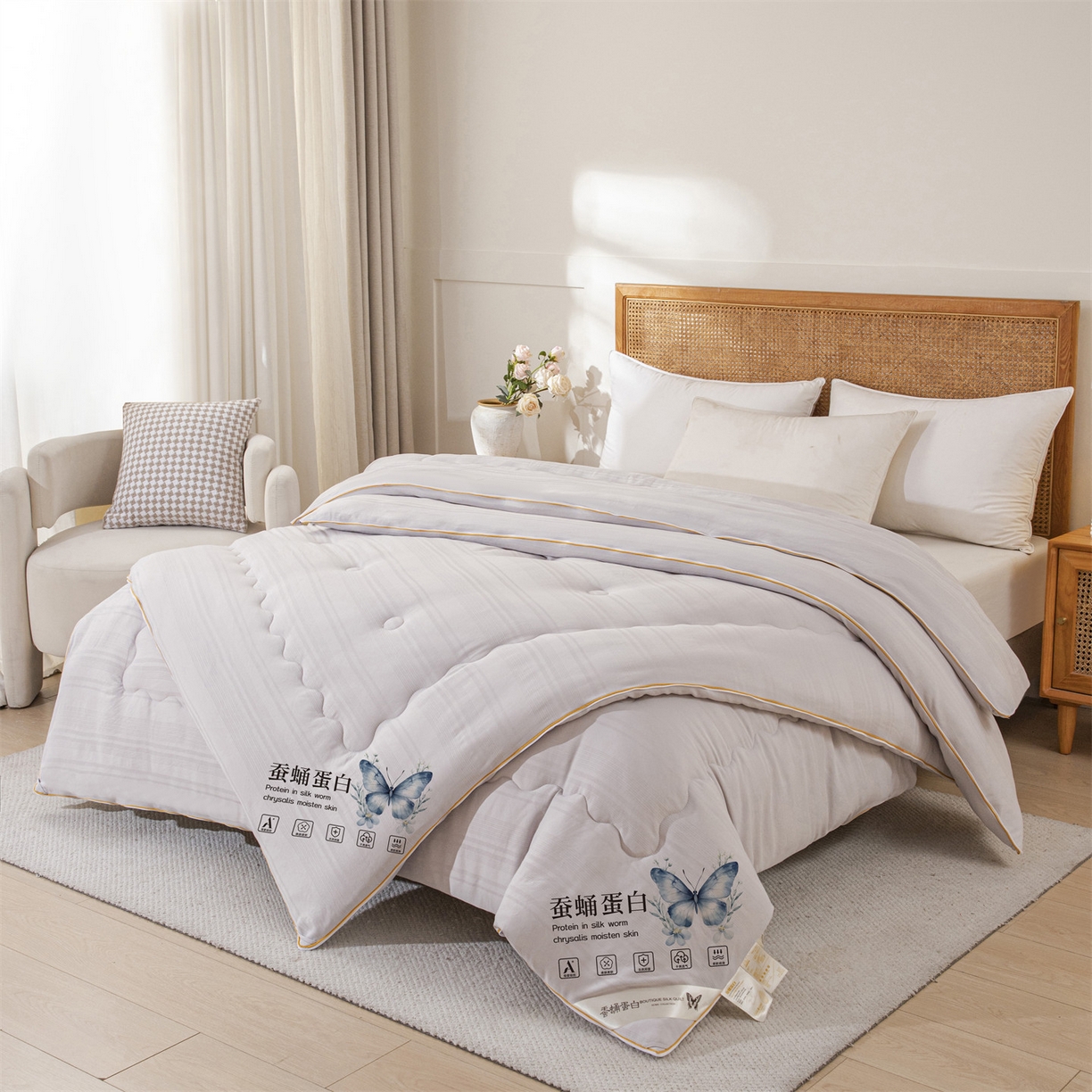 91家纺网 家纺一手货源 找家纺 小禹仔家纺 2026新款全棉提花拉链款蚕蛹蛋白子母被冬被春秋被夏被被子被芯加厚棉被-缎条系列 缎条-高级灰
