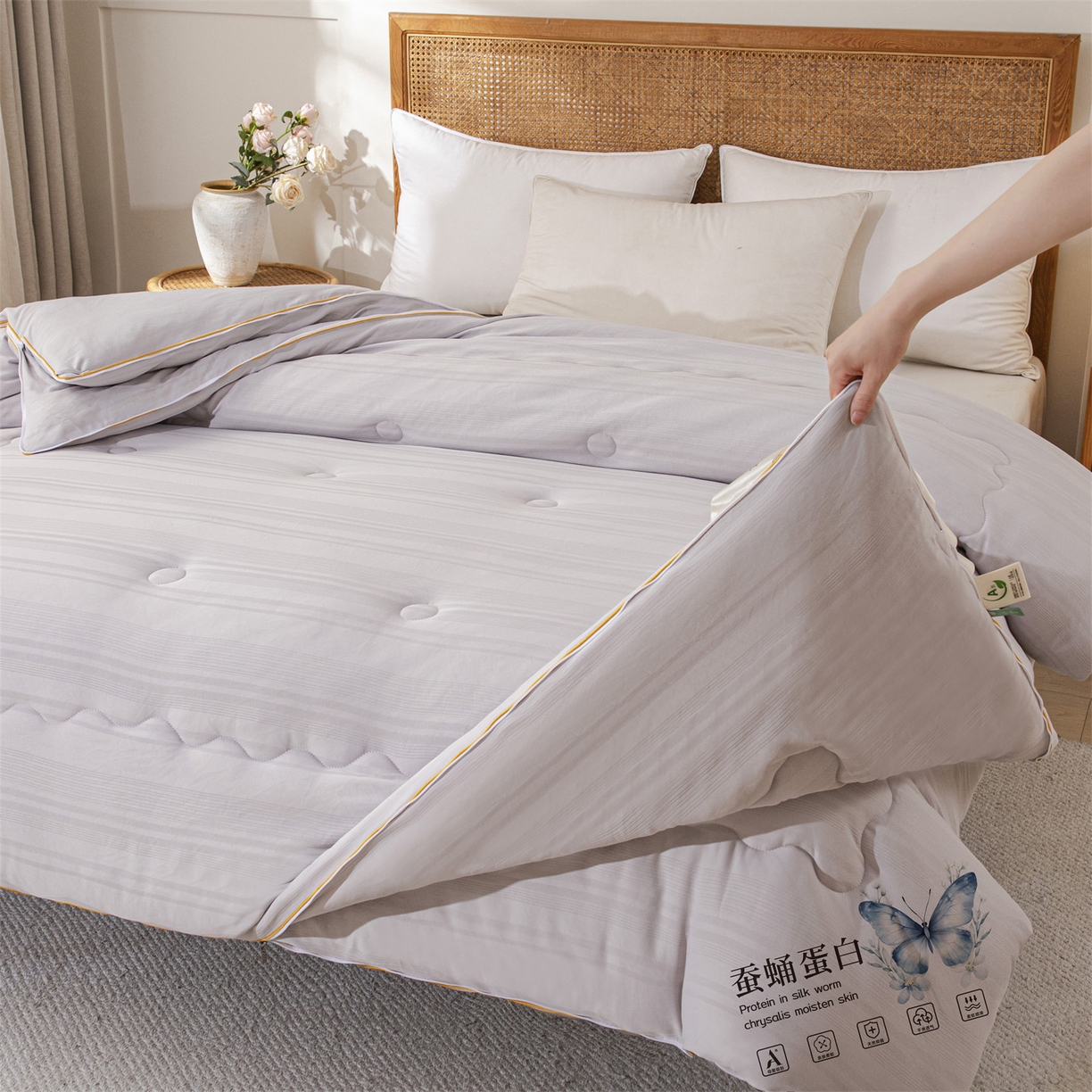 91家纺网 家纺一手货源 找家纺 小禹仔家纺 2026新款全棉提花拉链款蚕蛹蛋白子母被冬被春秋被夏被被子被芯加厚棉被-缎条系列 缎条-高级灰