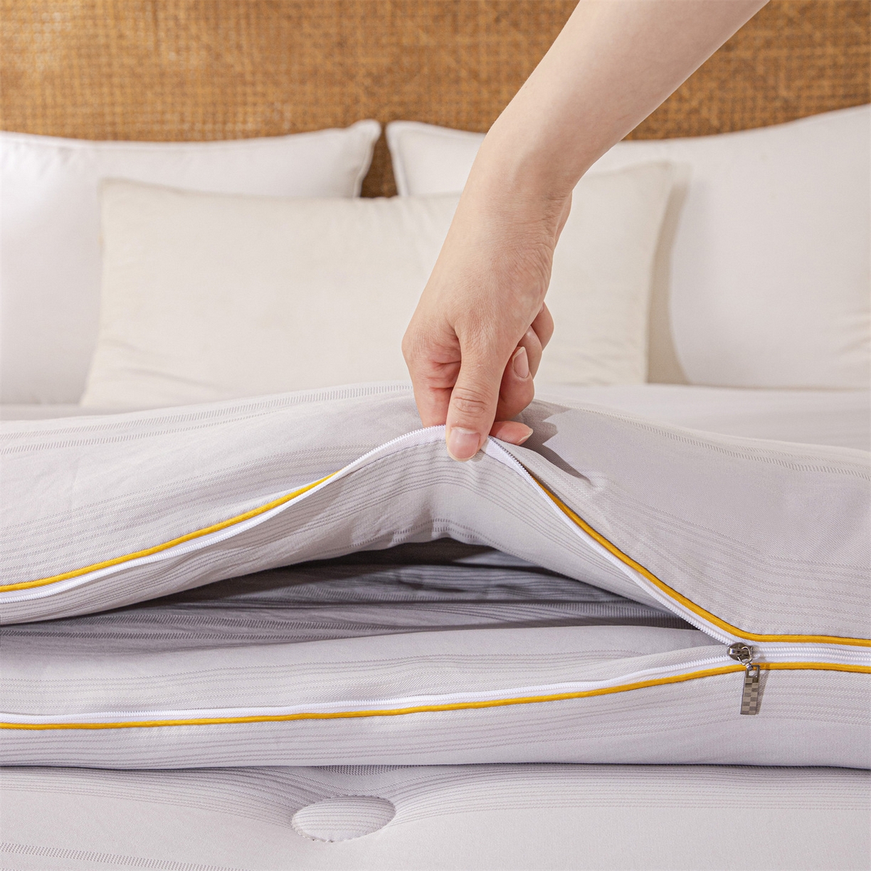 91家纺网 家纺一手货源 找家纺 小禹仔家纺 2026新款全棉提花拉链款蚕蛹蛋白子母被冬被春秋被夏被被子被芯加厚棉被-缎条系列 缎条-高级灰