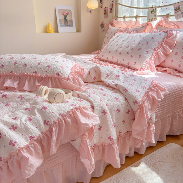 91家纺网 家纺一手货源 找家纺 梵希雅 2026新款泡芙纱床盖夏被四件套 若梦