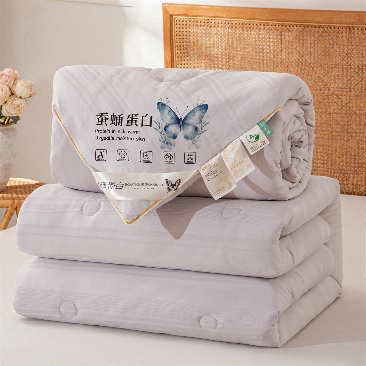 91家纺网 家纺一手货源 找家纺 小禹仔家纺 2026新款全棉提花拉链款蚕蛹蛋白子母被冬被春秋被夏被被子被芯加厚棉被-缎条系列 缎条-高级灰