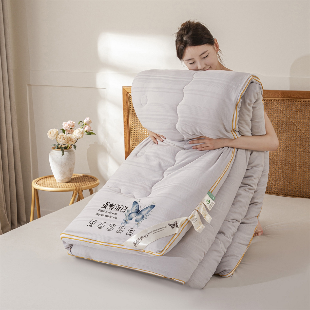 91家纺网 家纺一手货源 找家纺 小禹仔家纺 2026新款全棉提花拉链款蚕蛹蛋白子母被冬被春秋被夏被被子被芯加厚棉被-缎条系列 缎条-高级灰