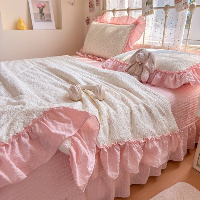 91家纺网 家纺一手货源 找家纺 梵希雅 2026新款泡芙纱床盖夏被四件套 甜桃心