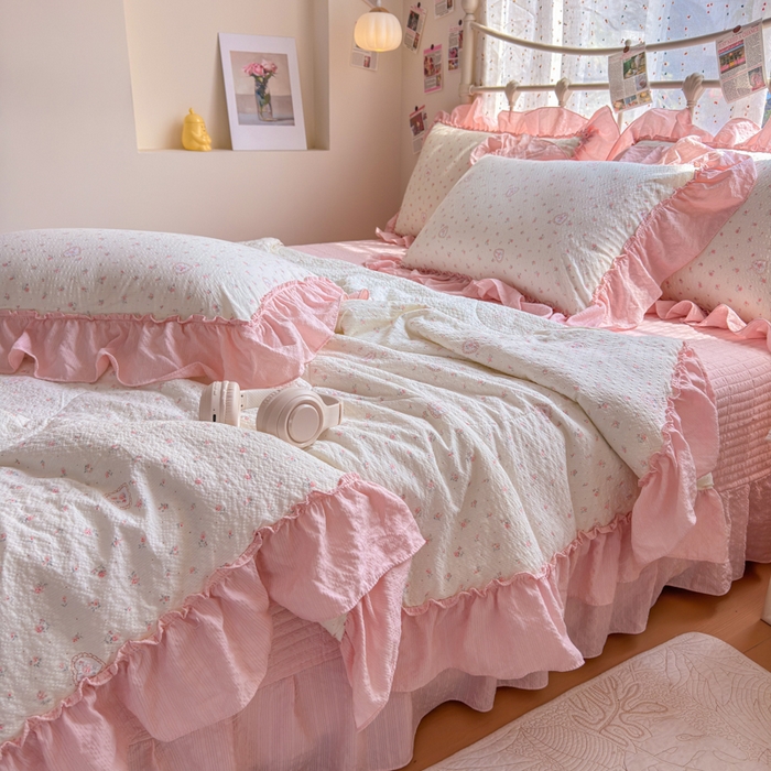 91家纺网 家纺一手货源 找家纺 梵希雅 2026新款泡芙纱床盖夏被四件套 甜桃心