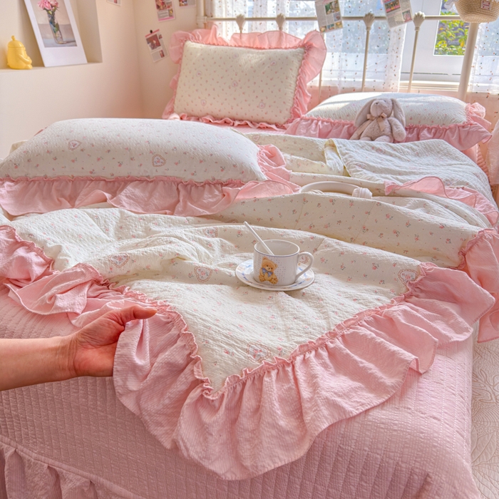 91家纺网 家纺一手货源 找家纺 梵希雅 2026新款泡芙纱床盖夏被四件套 甜桃心