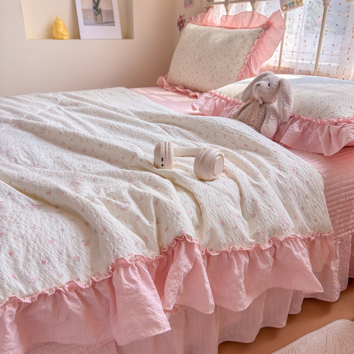 91家纺网 家纺一手货源 找家纺 梵希雅 2026新款泡芙纱床盖夏被四件套 甜桃心