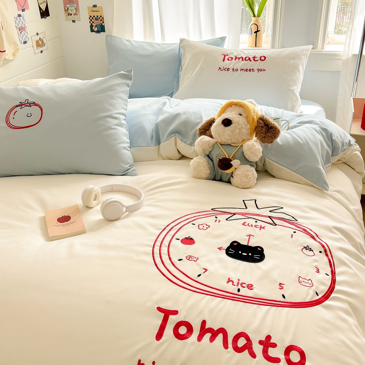 91家纺网 家纺一手货源 找家纺 我心家纺 2026新款卡通刺绣四件套 小猫番茄钟-白