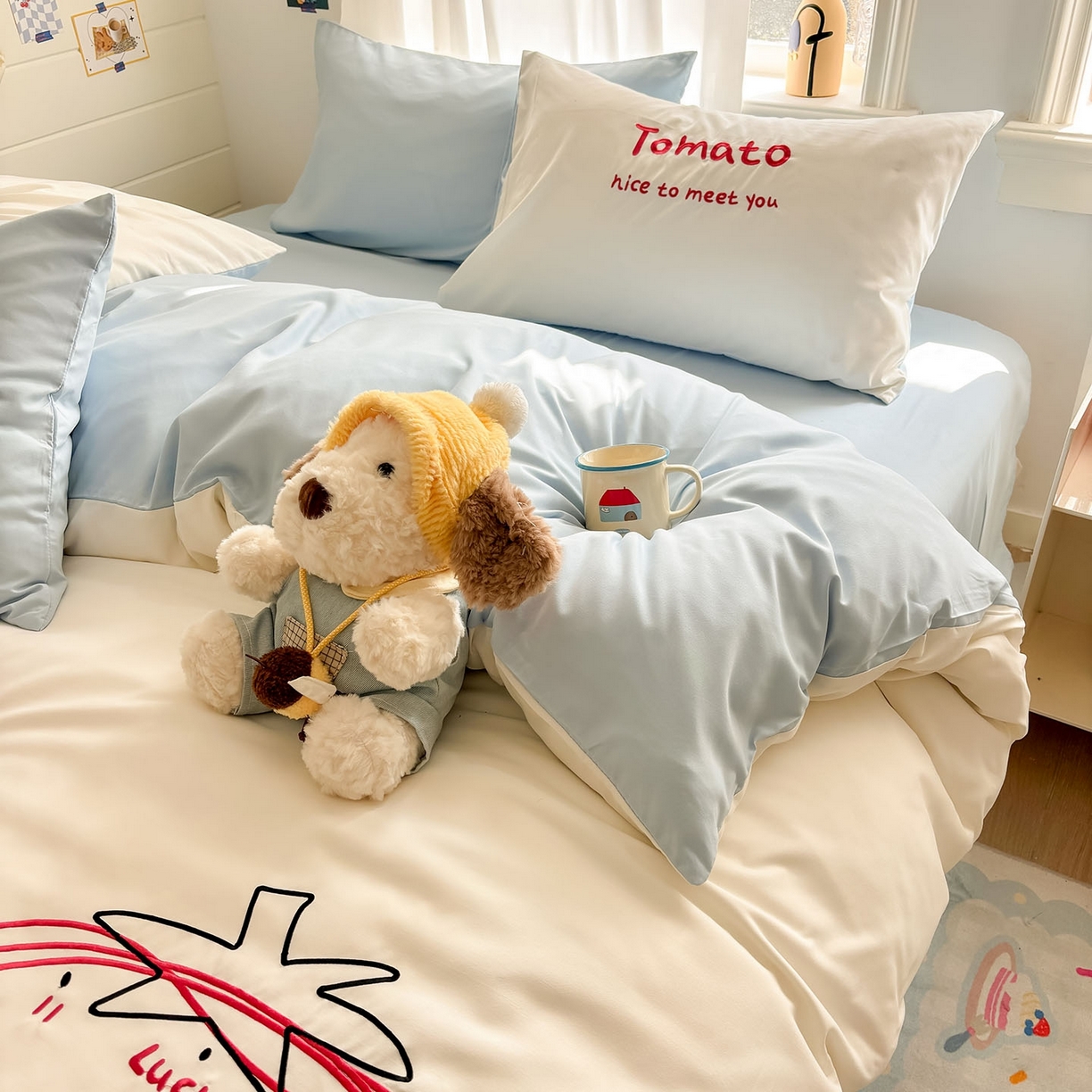 91家纺网 家纺一手货源 找家纺 我心家纺 2026新款卡通刺绣四件套 小猫番茄钟-白