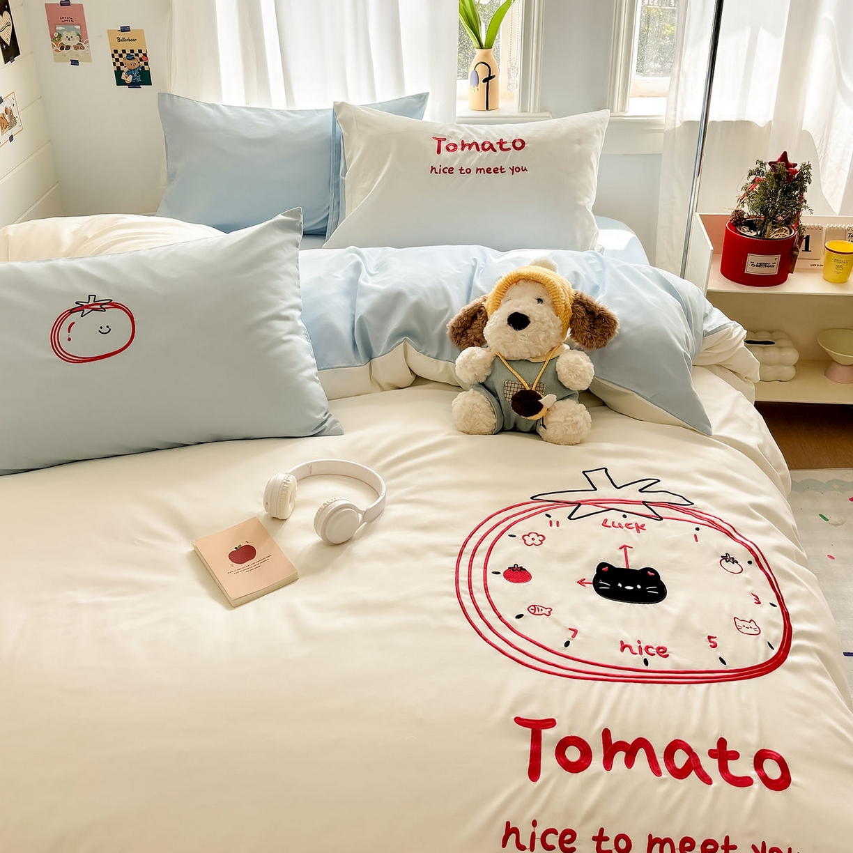 91家纺网 家纺一手货源 找家纺 我心家纺 2026新款卡通刺绣四件套 小猫番茄钟-白