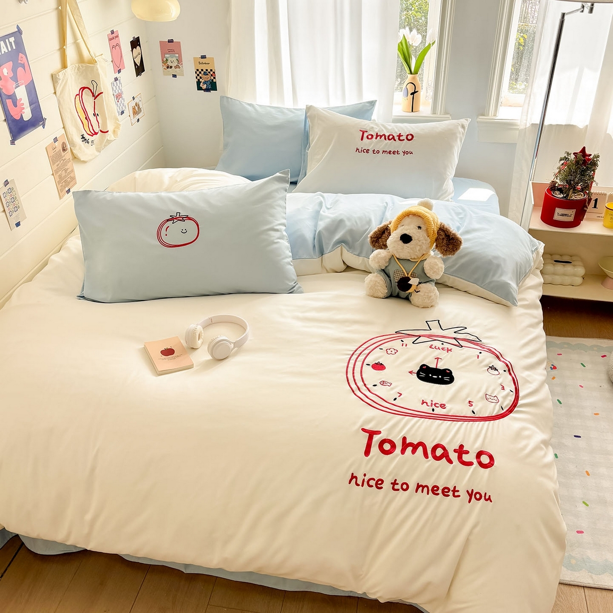 91家纺网 家纺一手货源 找家纺 我心家纺 2026新款卡通刺绣四件套 小猫番茄钟-白